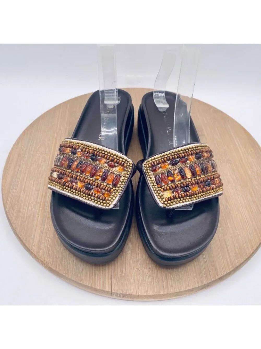 Donald Pliner Sandals Womens 6 Brown Leather Beaded Slides Luxury Italy
